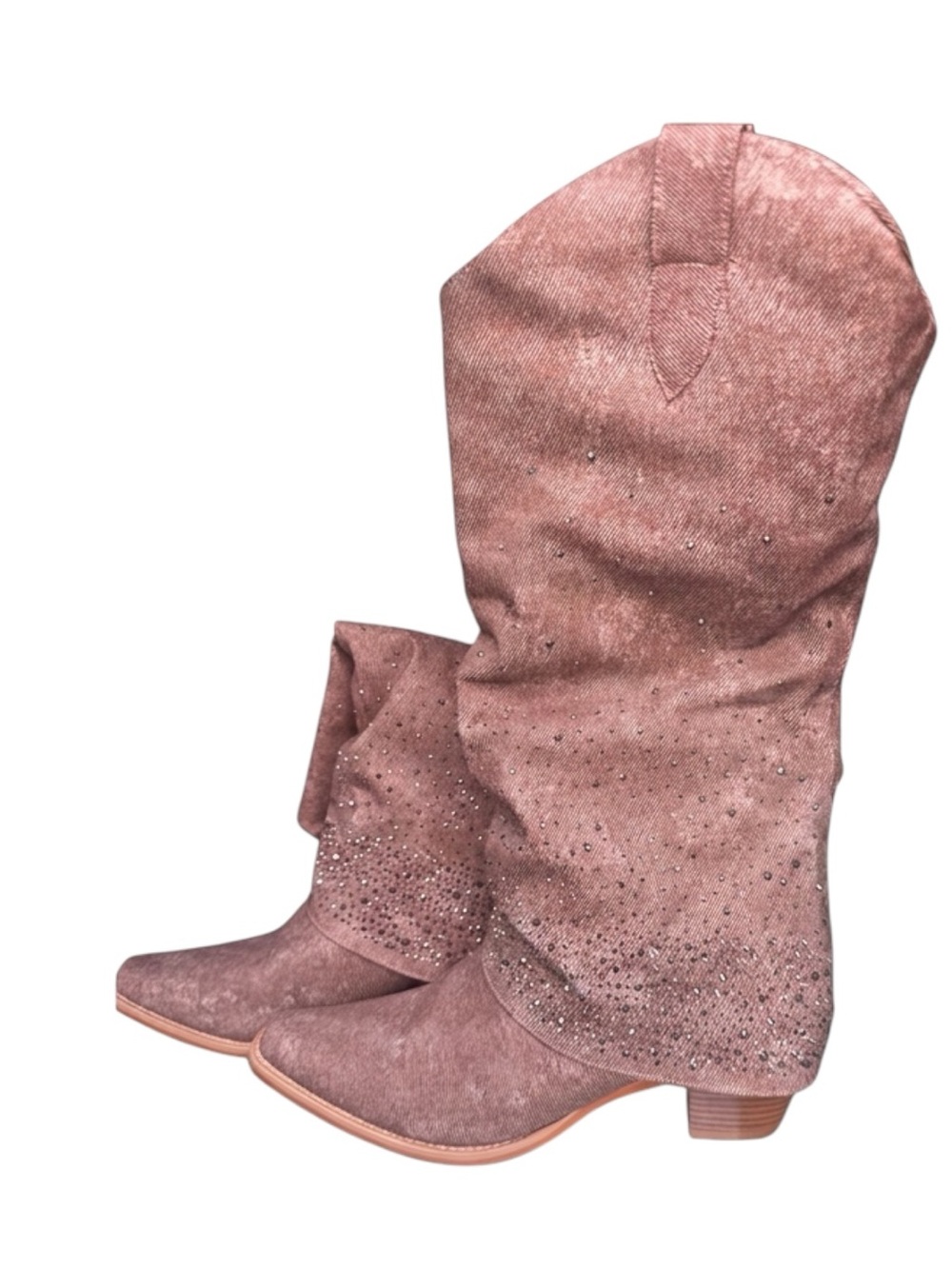 FIFSY Rhinestone Denim Fold-Over Cowgirl Boots Mocha Slouchy Western Bling 9.5 - Picture 8 of 11